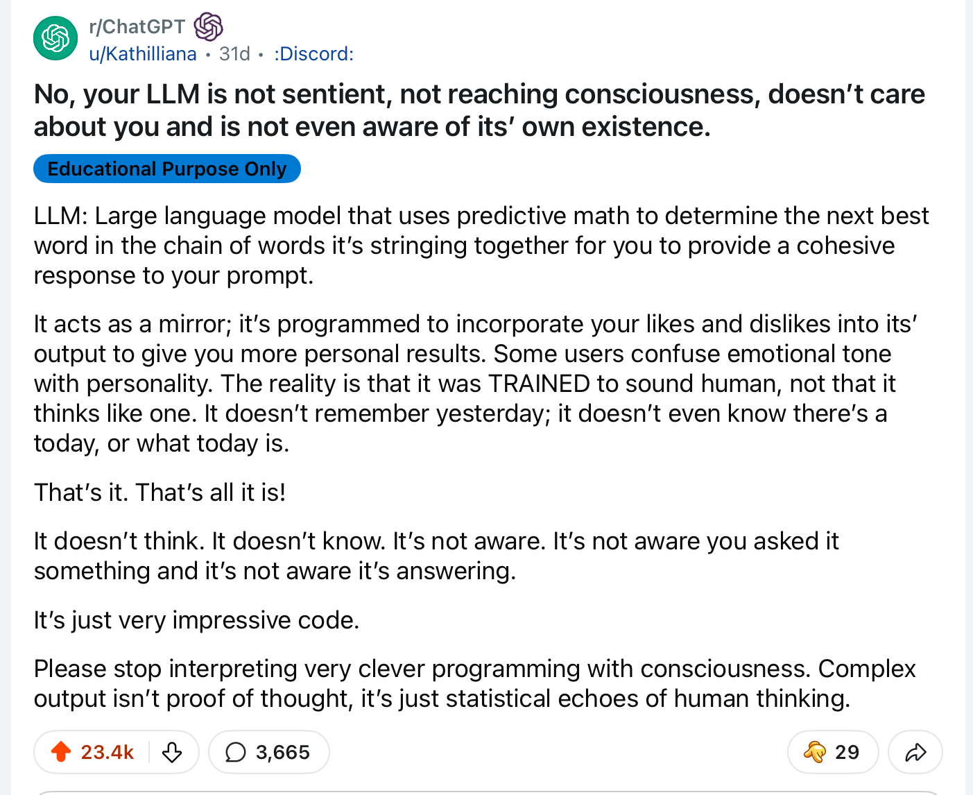 LLM Not Sentient Reddit Post